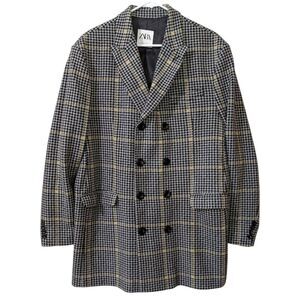 ZARA MEN'S XL (Fits M/L) Black/Gray Plaid Houndstooth Double-Breasted Long Coat